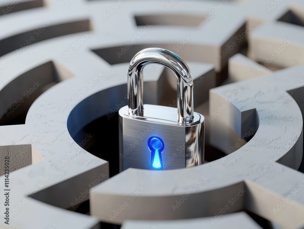 Poster security lock with maze concept. a padlock with a blue light sits in the center of a maze-like desig