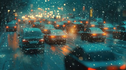 Obraz premium A snowy evening traffic jam, with taillights piercing through the falling snow