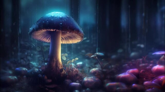 Vibrant ianimation of irisdiscent mushrooms, in the forest at night