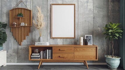 Modern Interior Decor: Stylish Wooden Furniture and Minimalist Design. Explore this elegant interior featuring wooden furniture, greenery, and modern design elements, perfect for your decor...