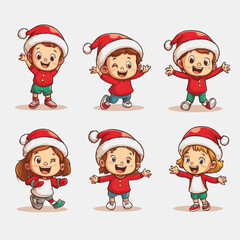 Cute Cartoon Children Celebrating Christmas in Colorful Santa Hats with Cheerful Expressions and Festive Outfits for Holiday Decor and Greeting Cards