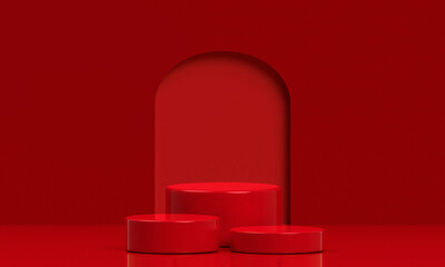Podium red shape for show cosmetic product display for christmas day or new years. stand product showcase on red background