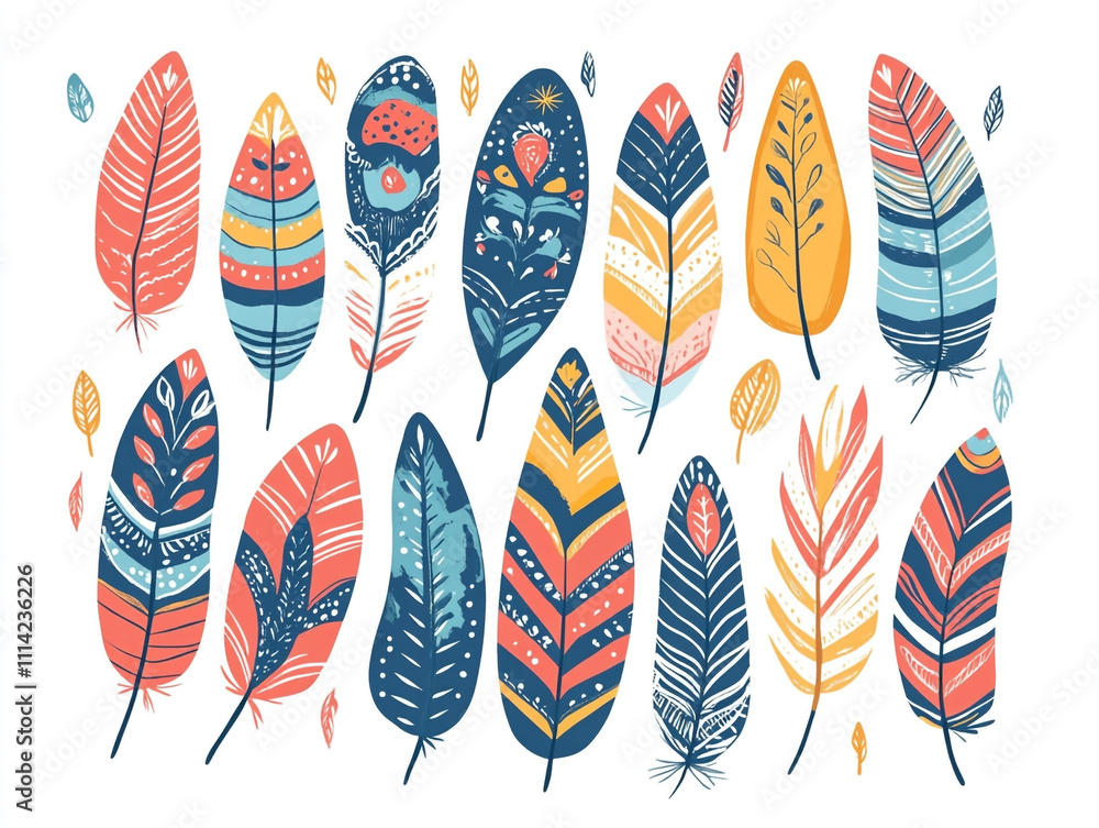 Poster a colorful feather pattern with simple shapes and bold colors.