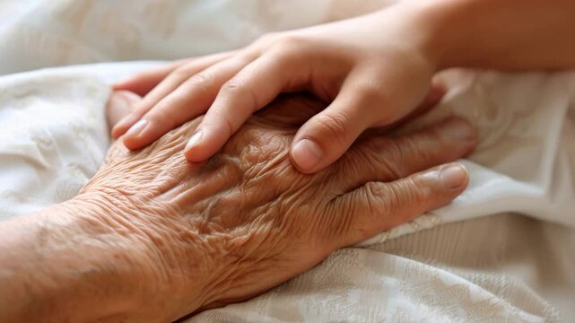 Young hand touching old hand on a bed, caring for elderly, end life support, aging people assistance
