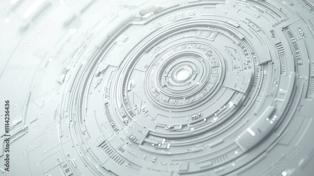 Poster a circular, abstract design featuring intricate white patterns and layers, representing technology a