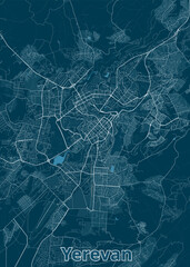 This is a detailed map of Yerevan, the capital of Armenia. The map is rendered in a minimalist style with white lines representing streets and roads against a deep blue background.