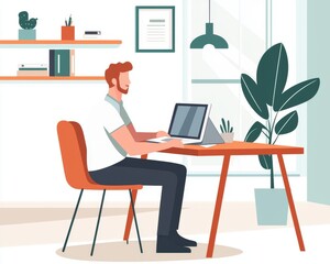 A young Caucasian man seated at a modern desk, working on a laptop in a bright, cozy workspace adorned with plants.