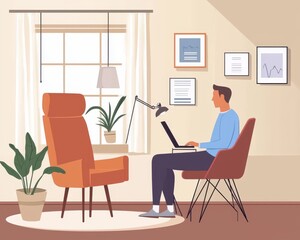 A young male in a light blue shirt works on his laptop in a cozy, well-lit home office with plants and artwork.