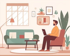 A relaxed South Asian man working on a laptop in a cozy, modern living room filled with plants.