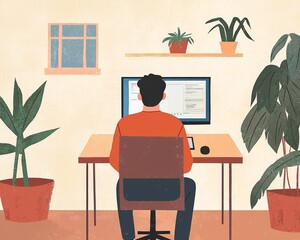 Fototapeta premium A young Caucasian man working at his desk, surrounded by greenery, creating a calm and productive workspace atmosphere.