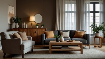 Fototapeta premium Wooden table in front of couch in spacious living room interior with plants and lamps. Real photo