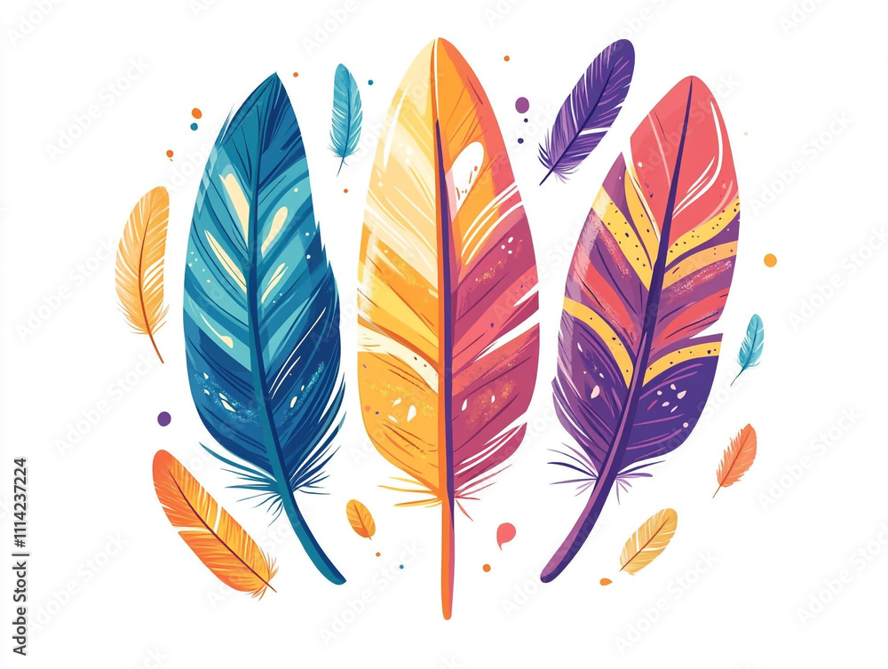 Poster a colorful feather pattern with simple shapes and bold colors.