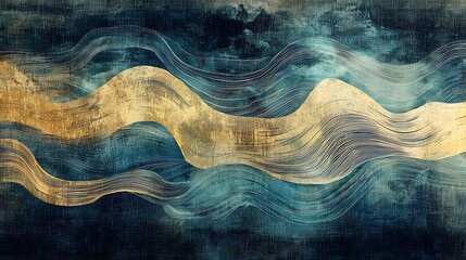 Abstract Waves in Dark Blue and Gold Tones with Textured Background