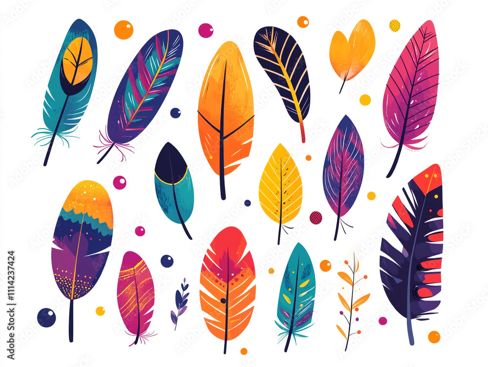 Poster a colorful feather pattern with simple shapes and bold colors.