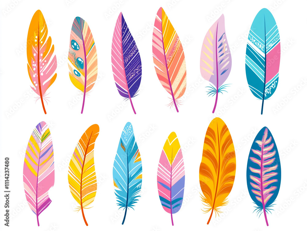 Poster a colorful feather pattern with simple shapes and bold colors.