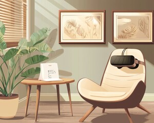 A serene indoor space featuring a modern chair and VR headset, with greenery and artwork enhancing the calming atmosphere.