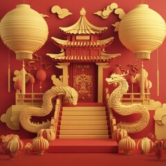 Fototapeta premium Chinese New Year Celebration: Paper Art Temple with Dragons and Lanterns