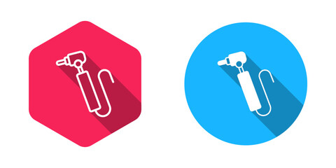 Filled and outline Tooth drill icon isolated with long shadow background. Dental handpiece for drilling and grinding tools. Vector