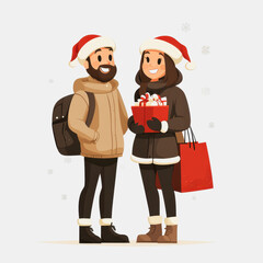 Cheerful Couple in Winter Attire Celebrating Christmas with Gifts and Festive Spirit Surrounded by Snowflakes and Holiday Joy