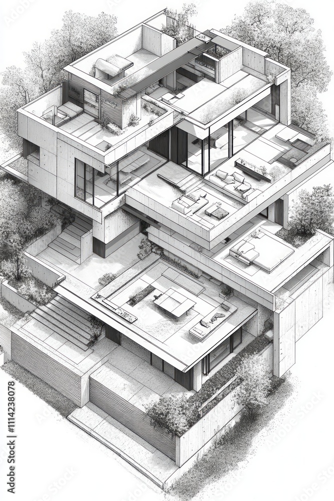 Poster modern architecture design showcasing a multi-level house with open spaces and landscaping details i