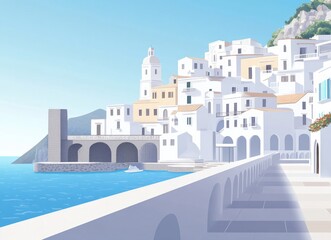 Fototapeta premium Coastal Village with White Buildings and Sunny Sky