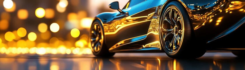Fototapeta premium Sleek luxury car showcasing vibrant city lights in the background, highlighting automotive design and urban lifestyle.