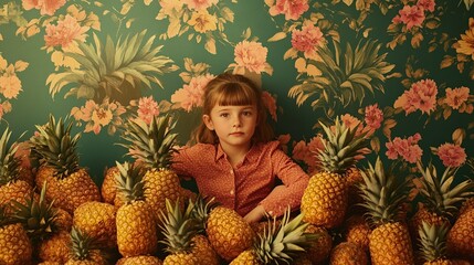 Girl sits amidst pineapples against floral wallpaper.