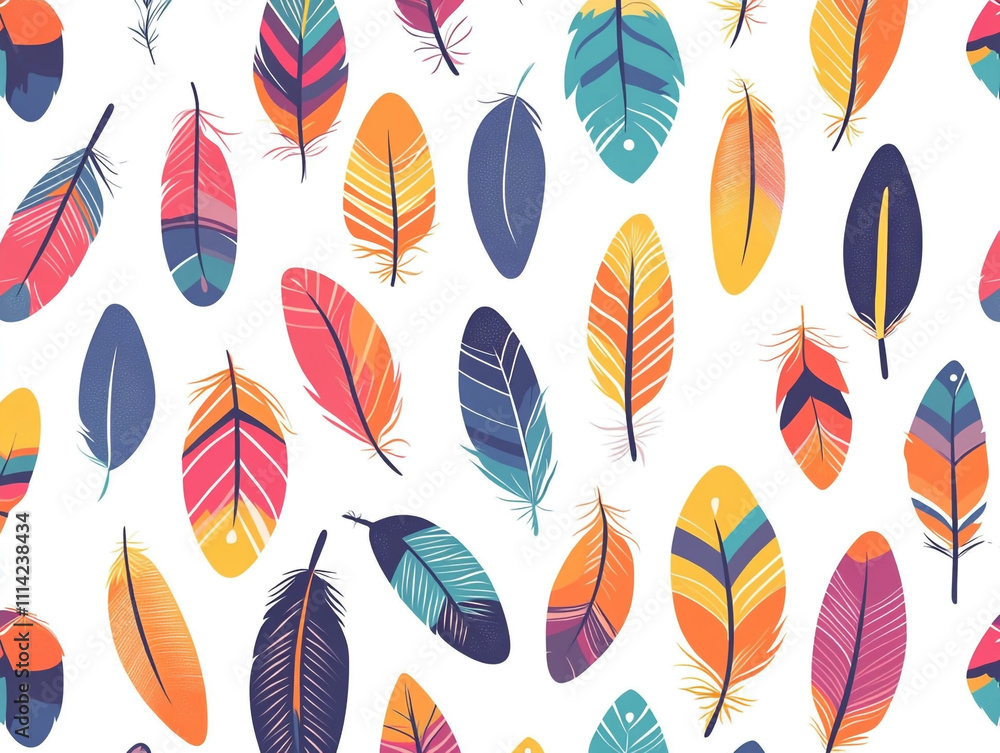Poster a colorful feather pattern with simple shapes and bold colors.