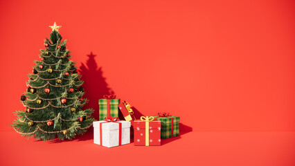 A Red Background  3D Rendering Christmas tree is surrounded by white, green boxes and a red box. The tree is decorated with many ornaments and lights. The scene is festive and joyful with the tree
