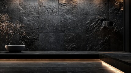 Dramatic Industrial Dark Background with Textured Walls and Minimalist Design Elements