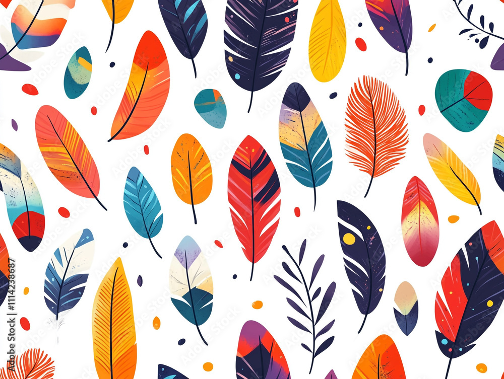 Poster a colorful feather pattern with simple shapes and bold colors.