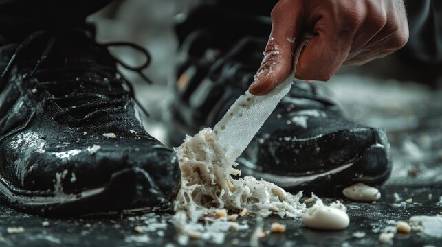 Close-up of gum being peeled off a pair of dark joggers with adhesive tape