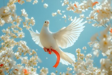 Fototapeta premium White dove soaring gracefully among blooming flowers under a clear blue sky