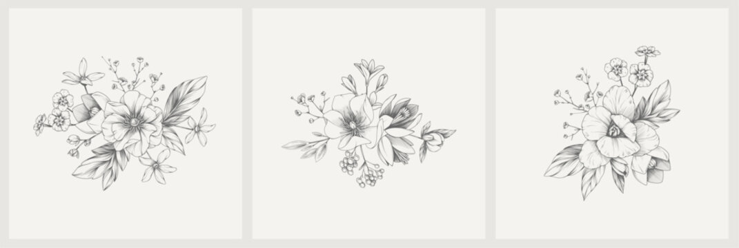 Set of detailed various flowers and foliage, intricate details and delicate forms. Hand drawn vector illustration with elegant botanical elements for invitation, save the date card