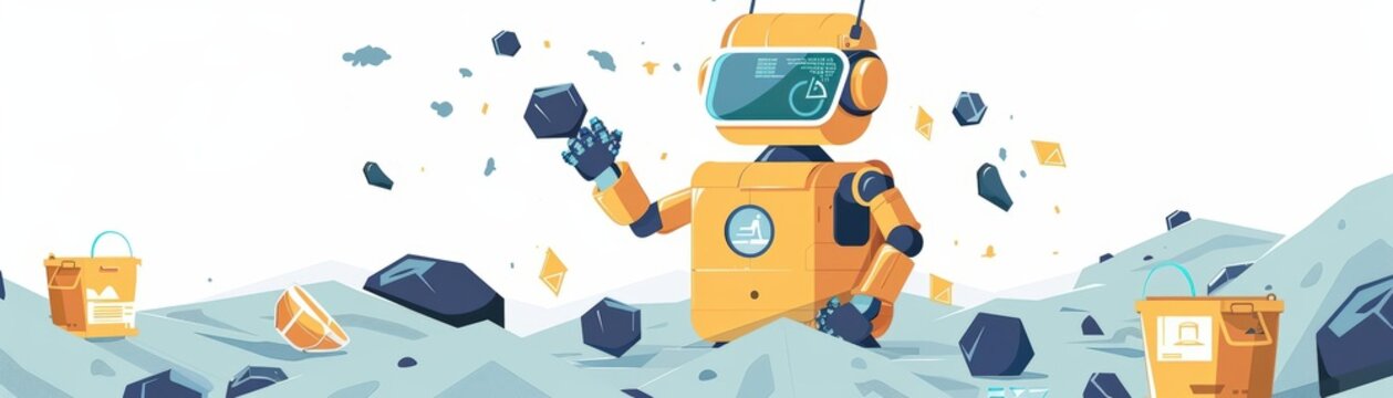 Cartoon of a robot managing a smart recycling facility on an asteroid