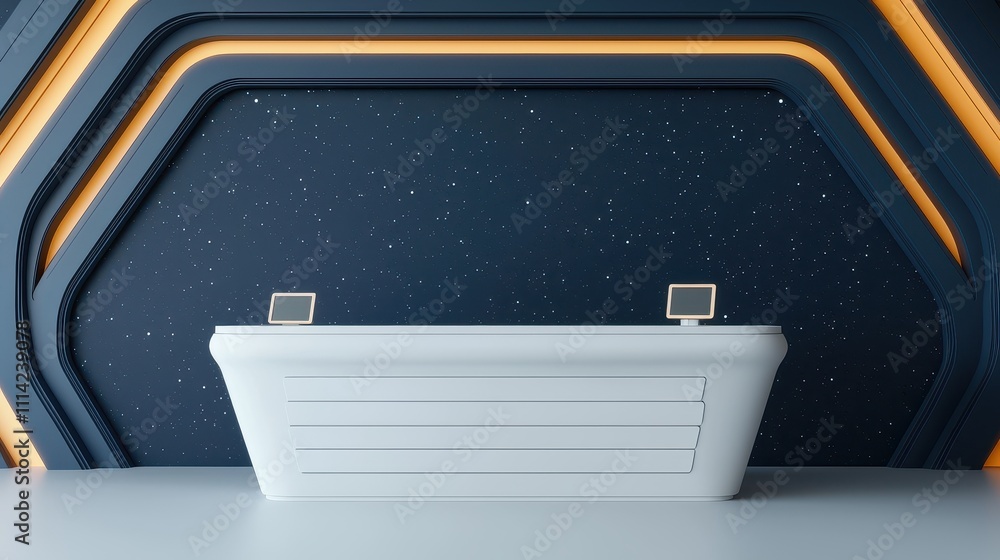 Poster 3d rendering register concept, modern registration counter design with futuristic space theme and ab