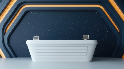 3D Rendering Register Concept, Modern Registration Counter Design with Futuristic Space Theme and Abstract Background Elements