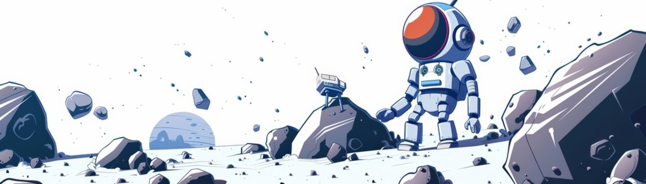 Cartoon of a robot managing a smart recycling facility on an asteroid