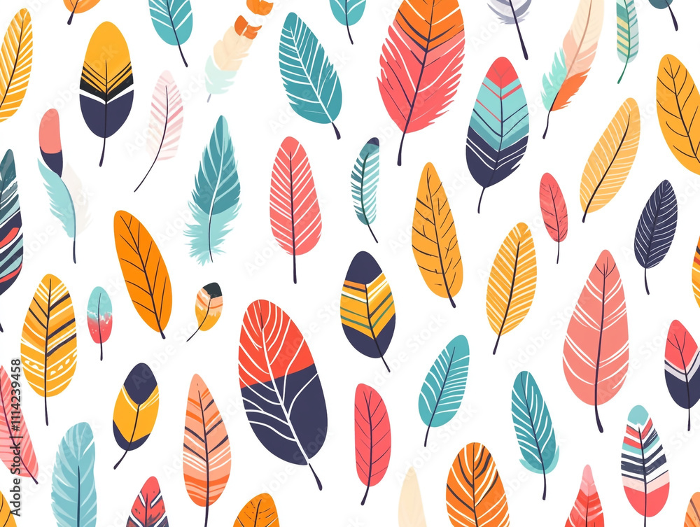 Poster a colorful feather pattern with simple shapes and bold colors.