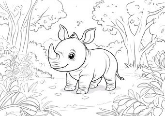 Drawing for coloring page book of Rhino. in forest for kids. Printable. Happy rhino illustration in a green forest environment, ideal for educational and creative projects for children