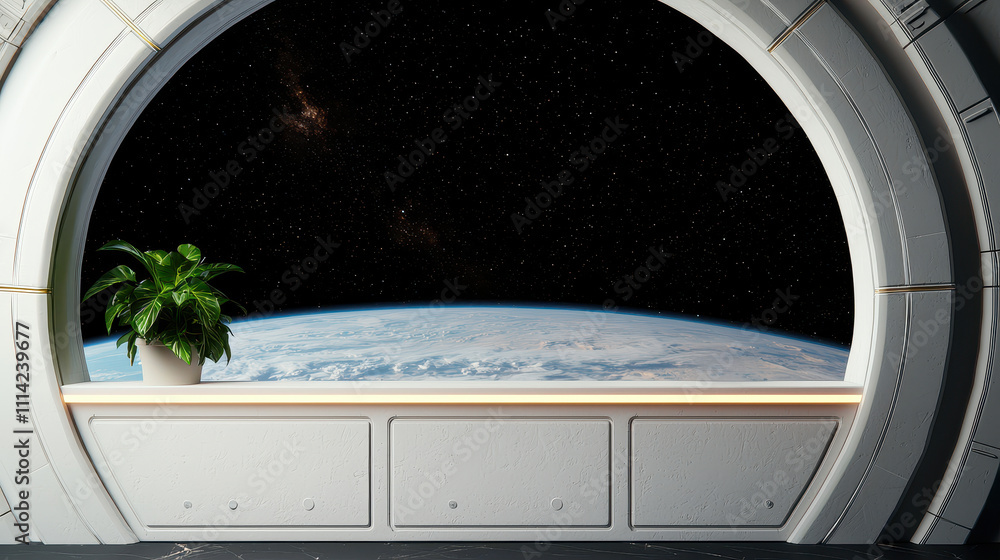 Poster 3d rendering register concept, futuristic space scene with earth view from a sleek window and decora