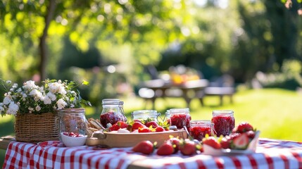 Fresh strawberries and open jam jars arranged on a picnic table in a garden setting
