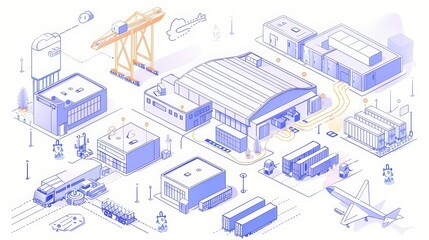 Cartoon of a smart logistics hub with AI-driven operations