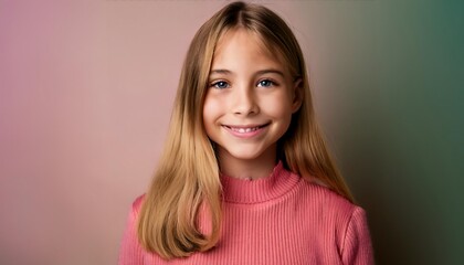 Fototapeta premium A teenage girl exuding confidence and happiness, framed by a pristine, well-lit studio environment. 