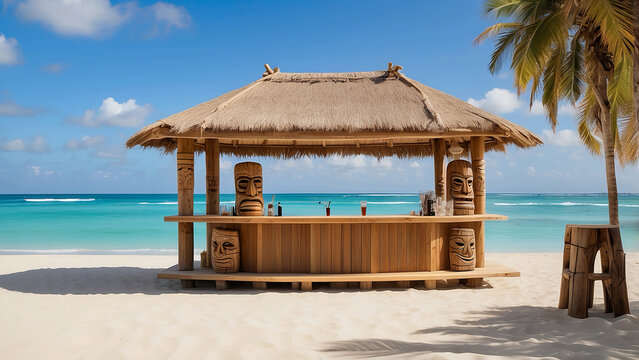 Wooden tiki bar on a beach with a clear backdrop