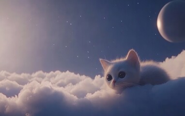 Fototapeta premium A Tiny White Kitten on a Cloud at Night