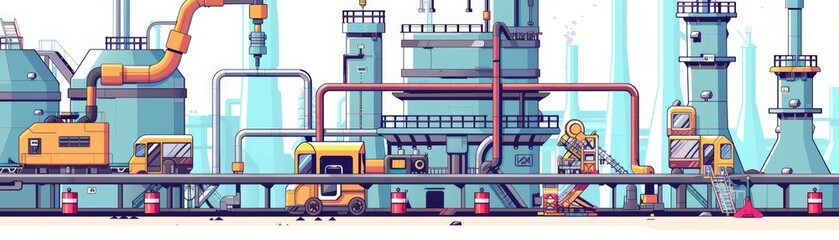 Cartoon of an AI-driven factory with advanced safety measures