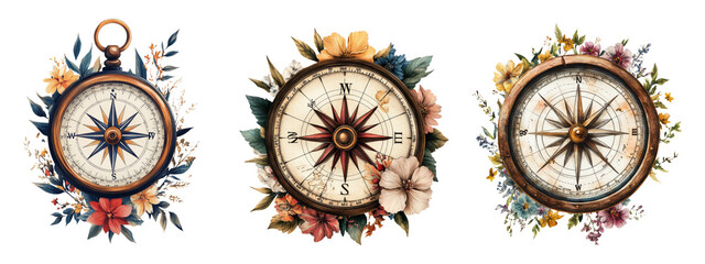 Vintage Compass with Floral Design on Transparent Background