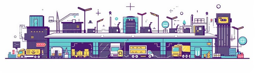 Obraz premium Cartoon of an AI-driven logistics hub with autonomous vehicles