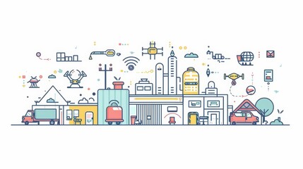 Cartoon of an AI-driven logistics hub with robots and drones